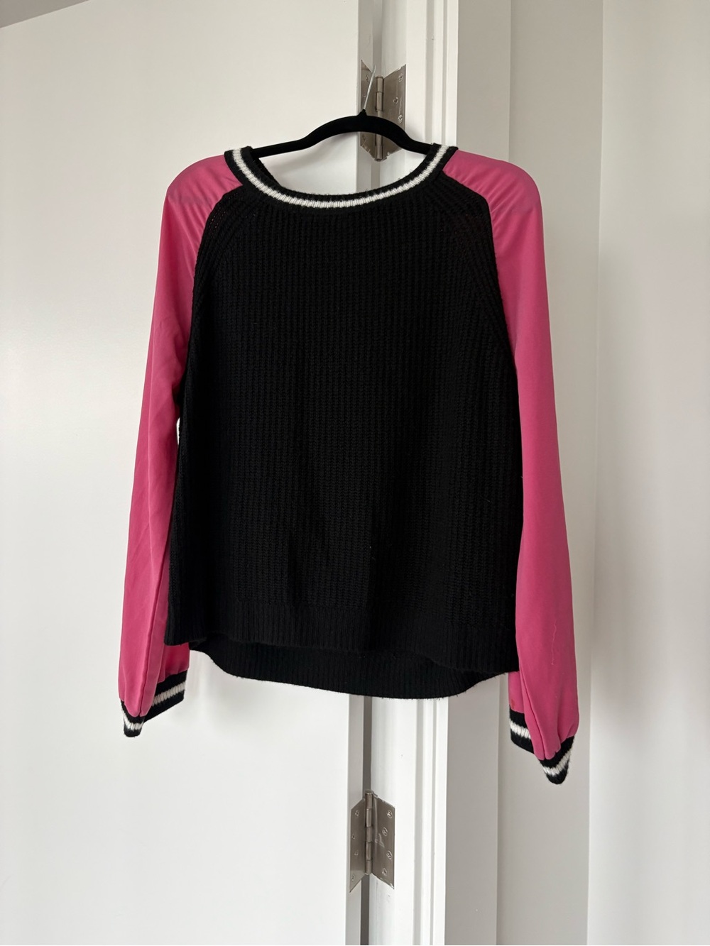 ASOS Black Knit Crewneck Sweater with Pink Raglan Sleeves